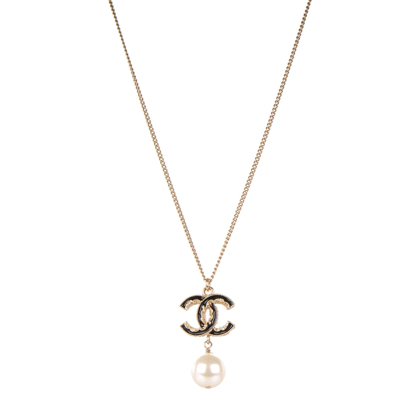 Enamel CC Baroque Pearl Drop Necklace Black Gold