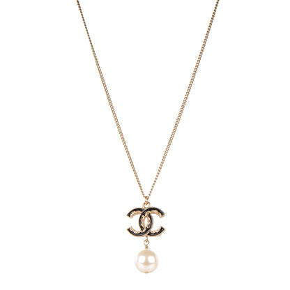 Chanel Enamel CC Baroque Pearl Drop Necklace Black Gold 1 of 4