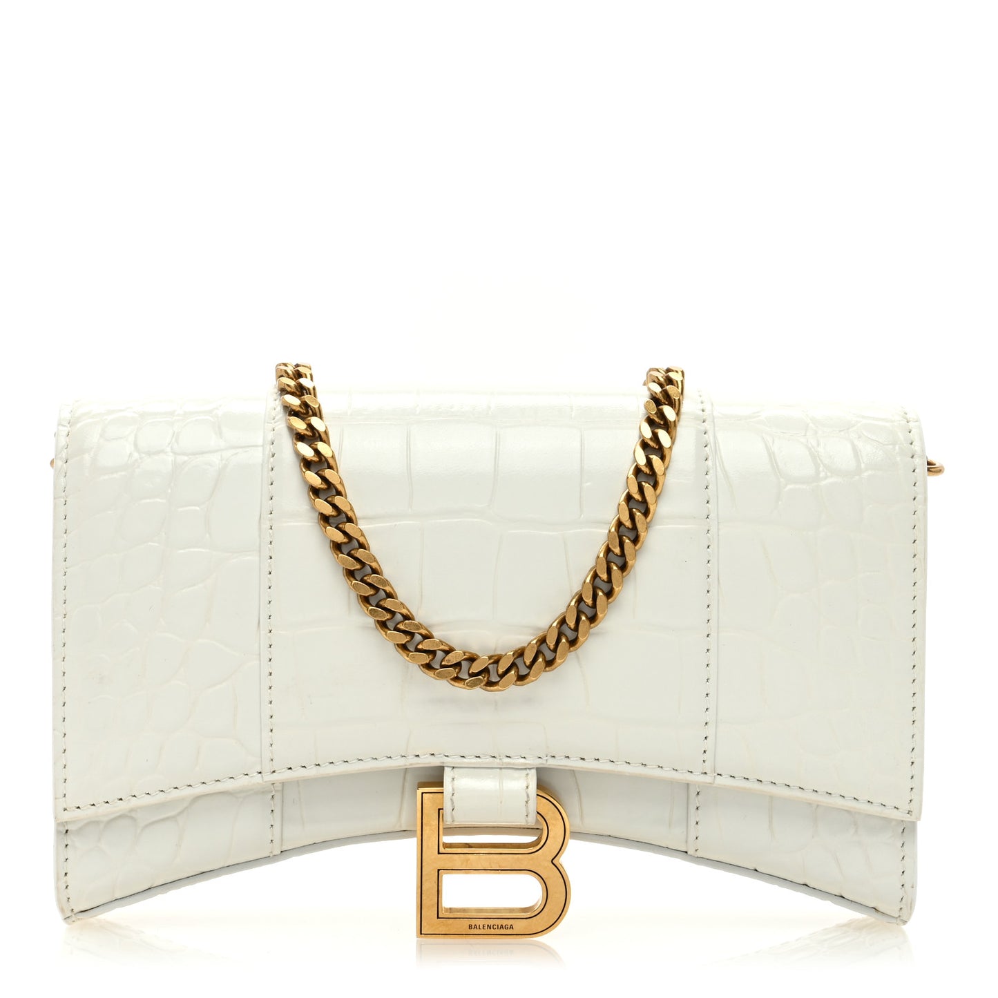 Shiny Calfskin Crocodile Embossed Hourglass Chain Bag White