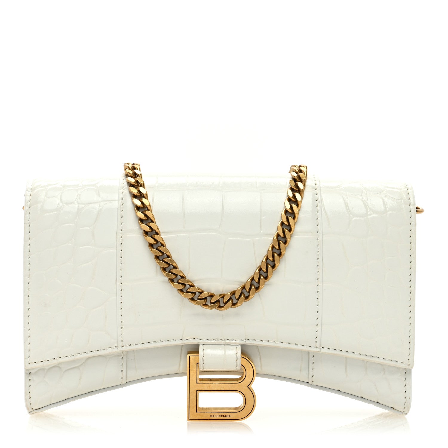Balenciaga Shiny Calfskin Crocodile Embossed Hourglass Chain Bag White 1 of 9