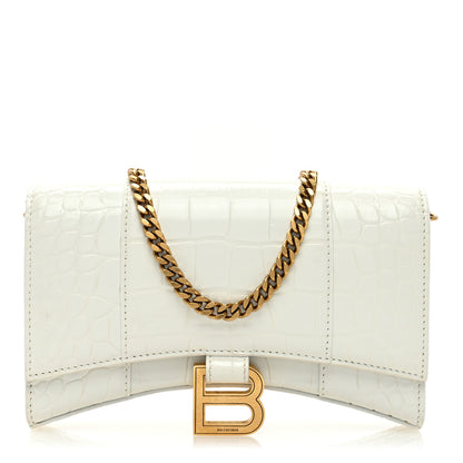 Balenciaga Shiny Calfskin Crocodile Embossed Hourglass Chain Bag White 1 of 9