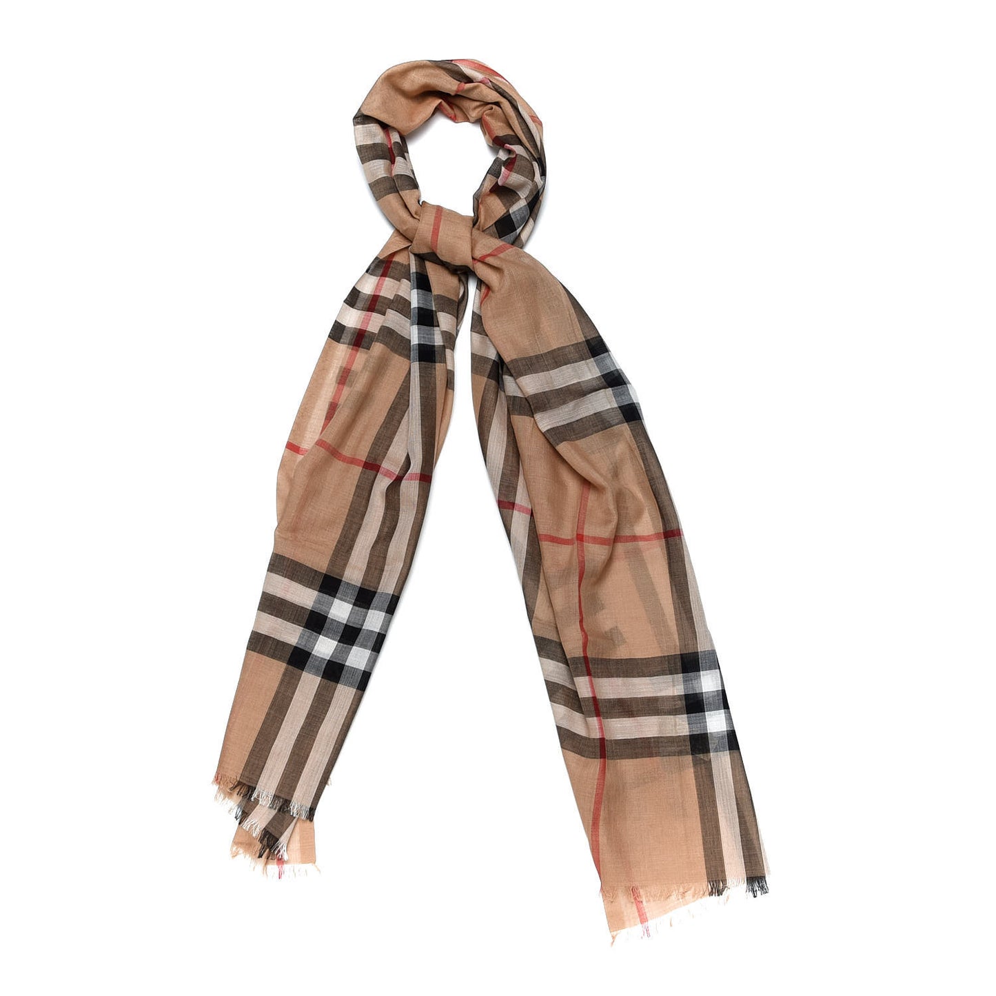 Wool Silk Gauze Giant Check Scarf Camel