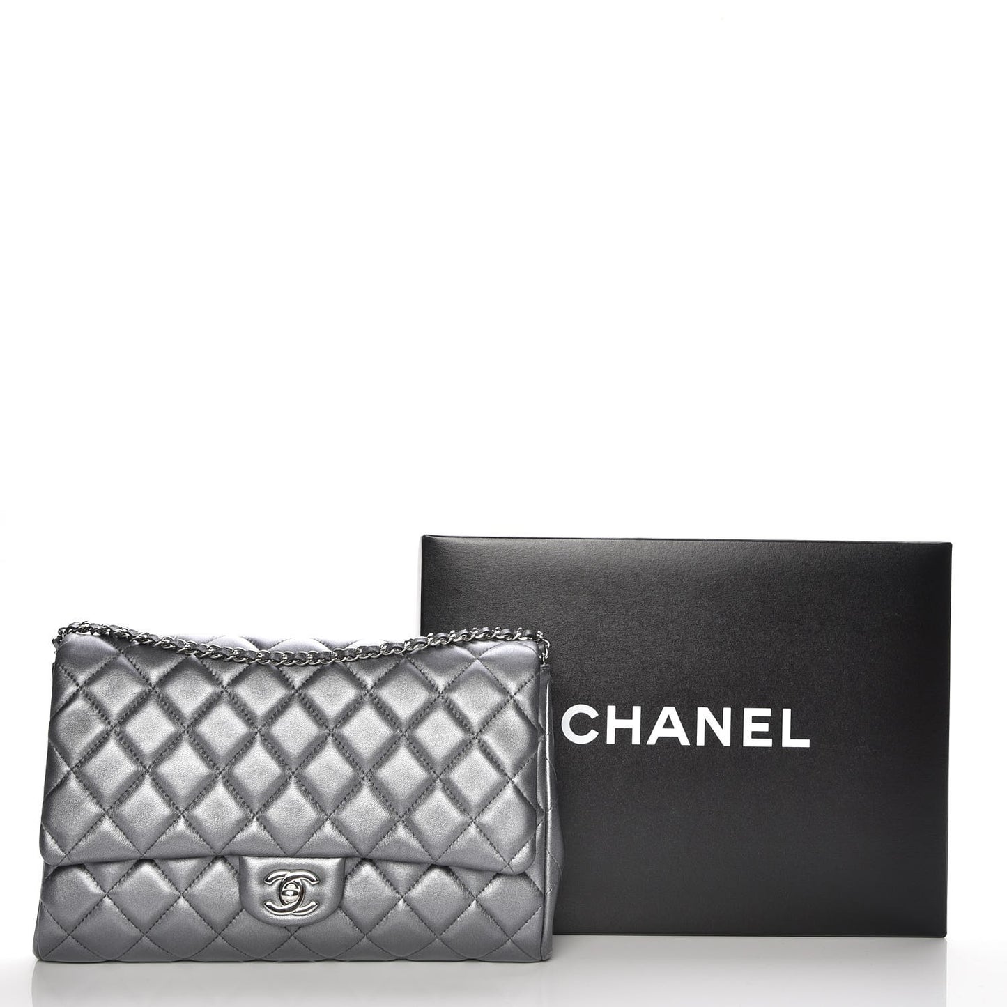 Metallic Lambskin Quilted Clutch With Chain Flap Dark Grey