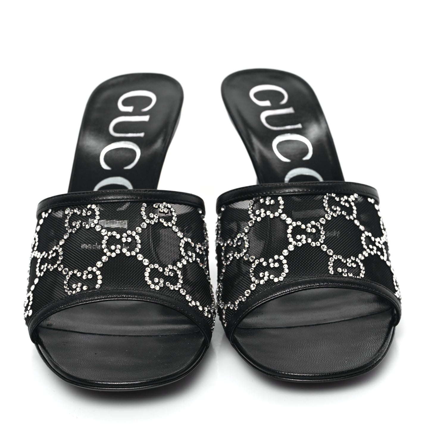 Tela Retino Nappa Crystal GG Monogram Square G 95mm Slide Sandals 38 Black