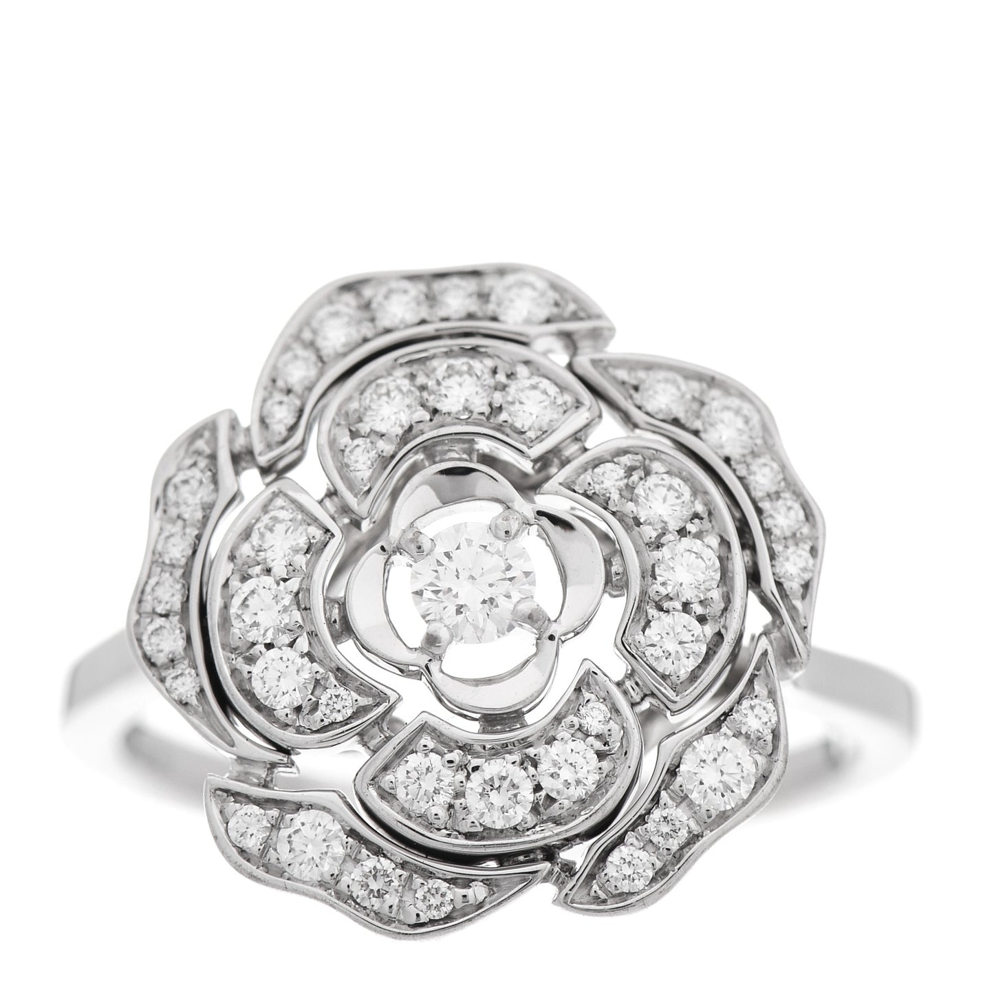 18K White Gold Diamond Small Bouton de Camelia Ring 47 4