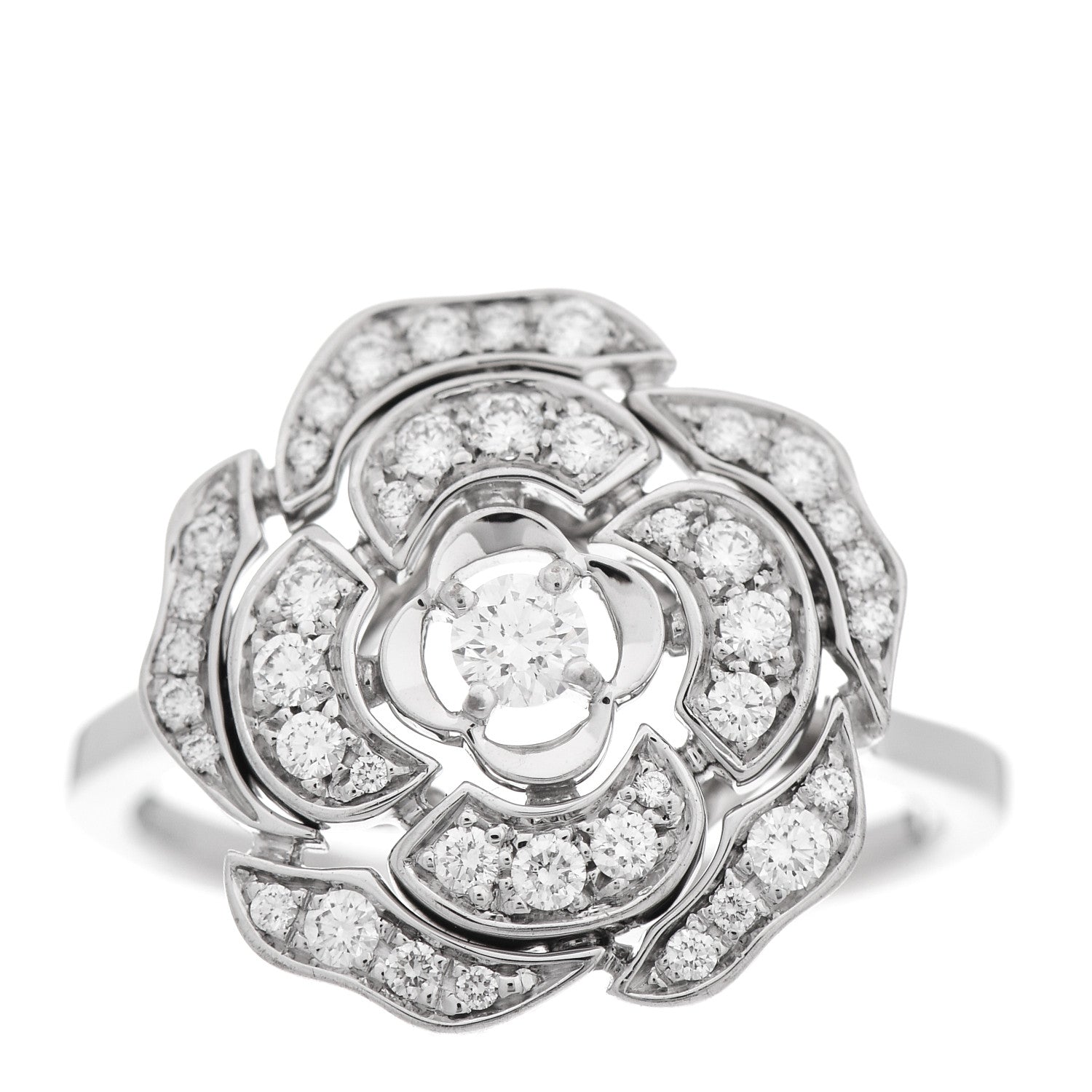 Chanel 18K White Gold Diamond Small Bouton de Camelia Ring 47 4 1 of 6