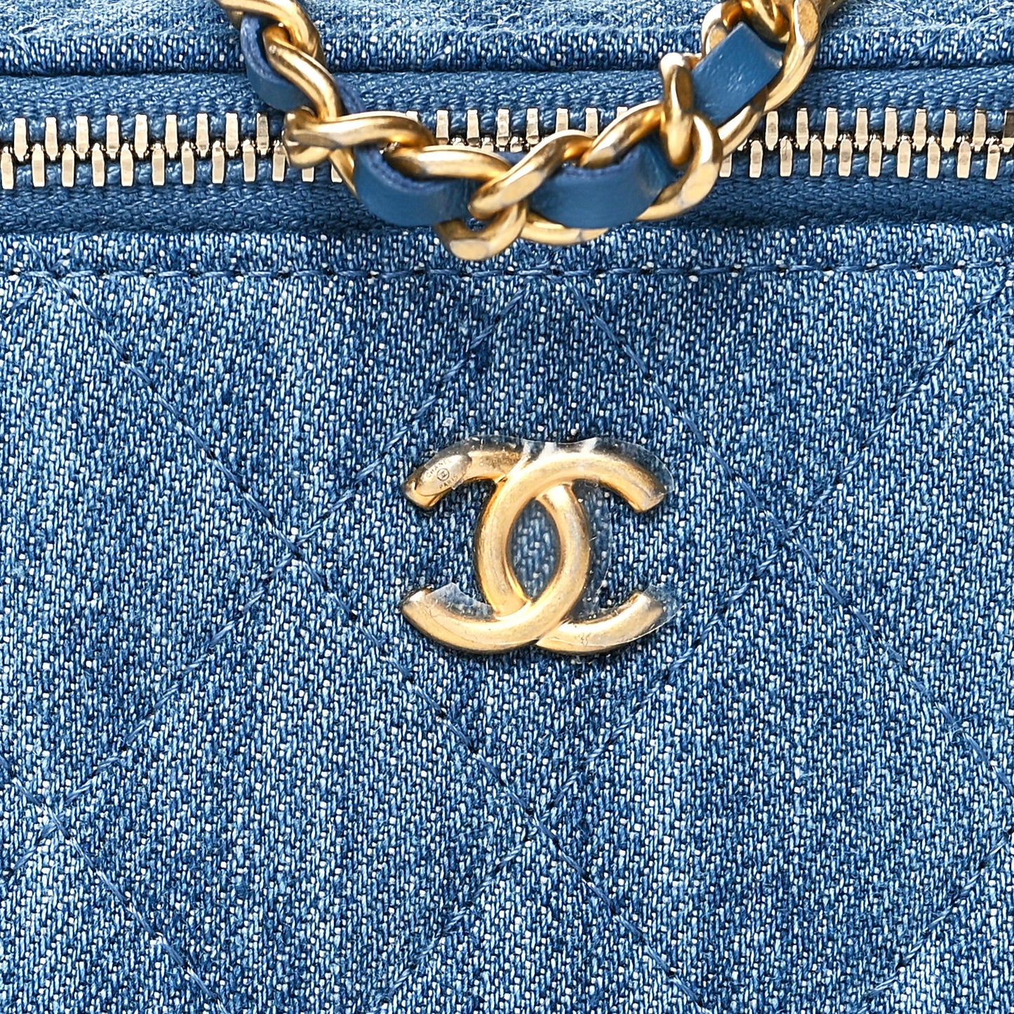 Denim Quilted Mini Pearl Crush Vanity Case With Chain