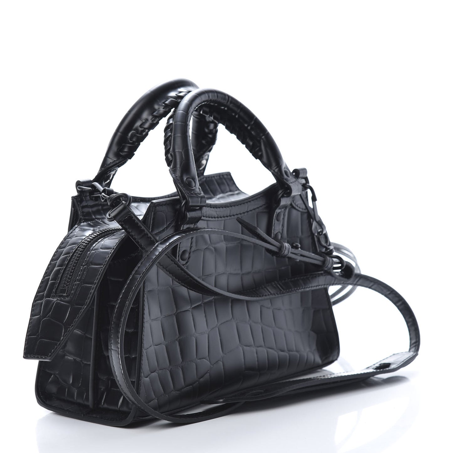 Semi Shiny Calfskin Crocodile Embossed Neo Classic Black Hardware Mini City Black