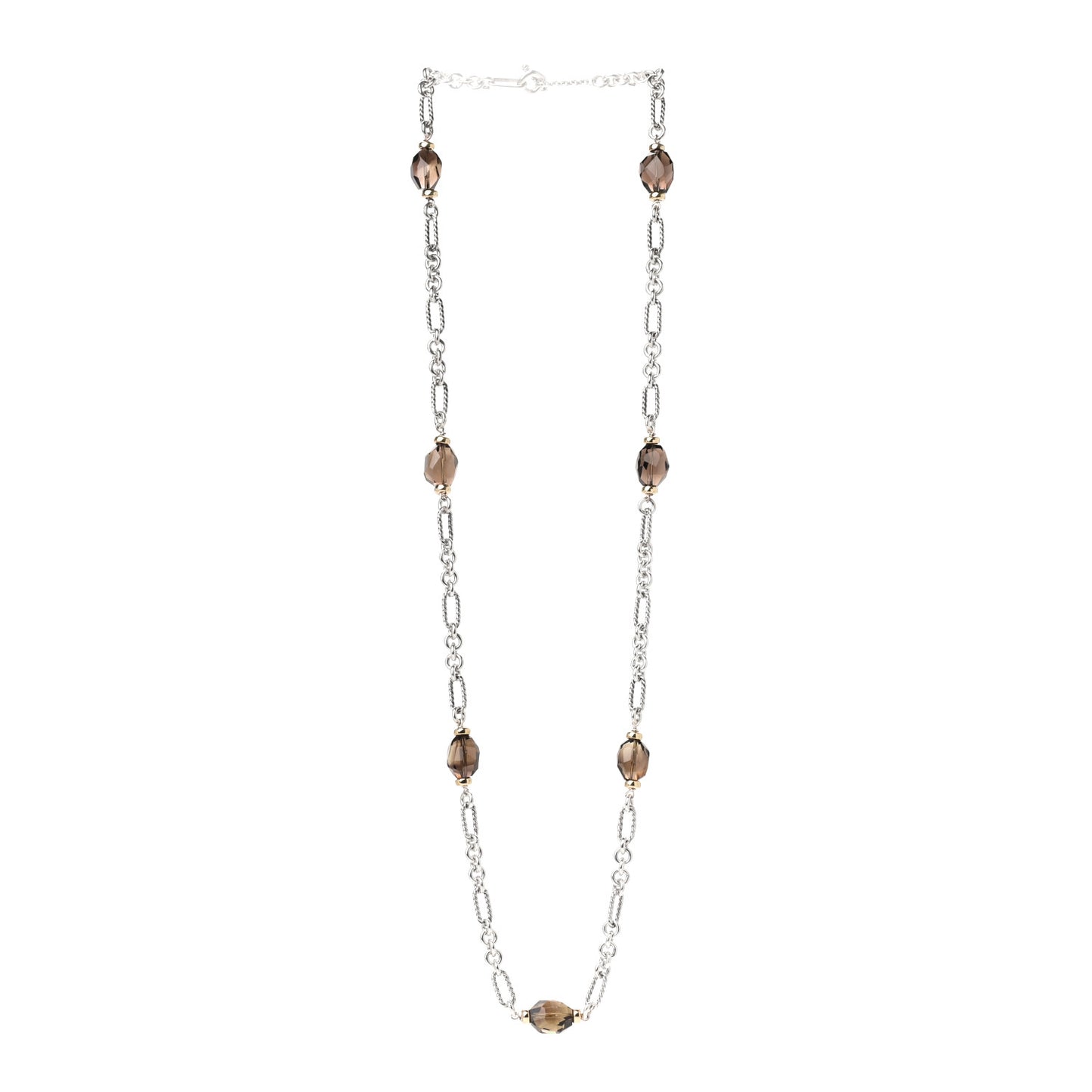 Sterling Silver 18K Yellow Gold Smoky Quartz Figaro Station Link Necklace