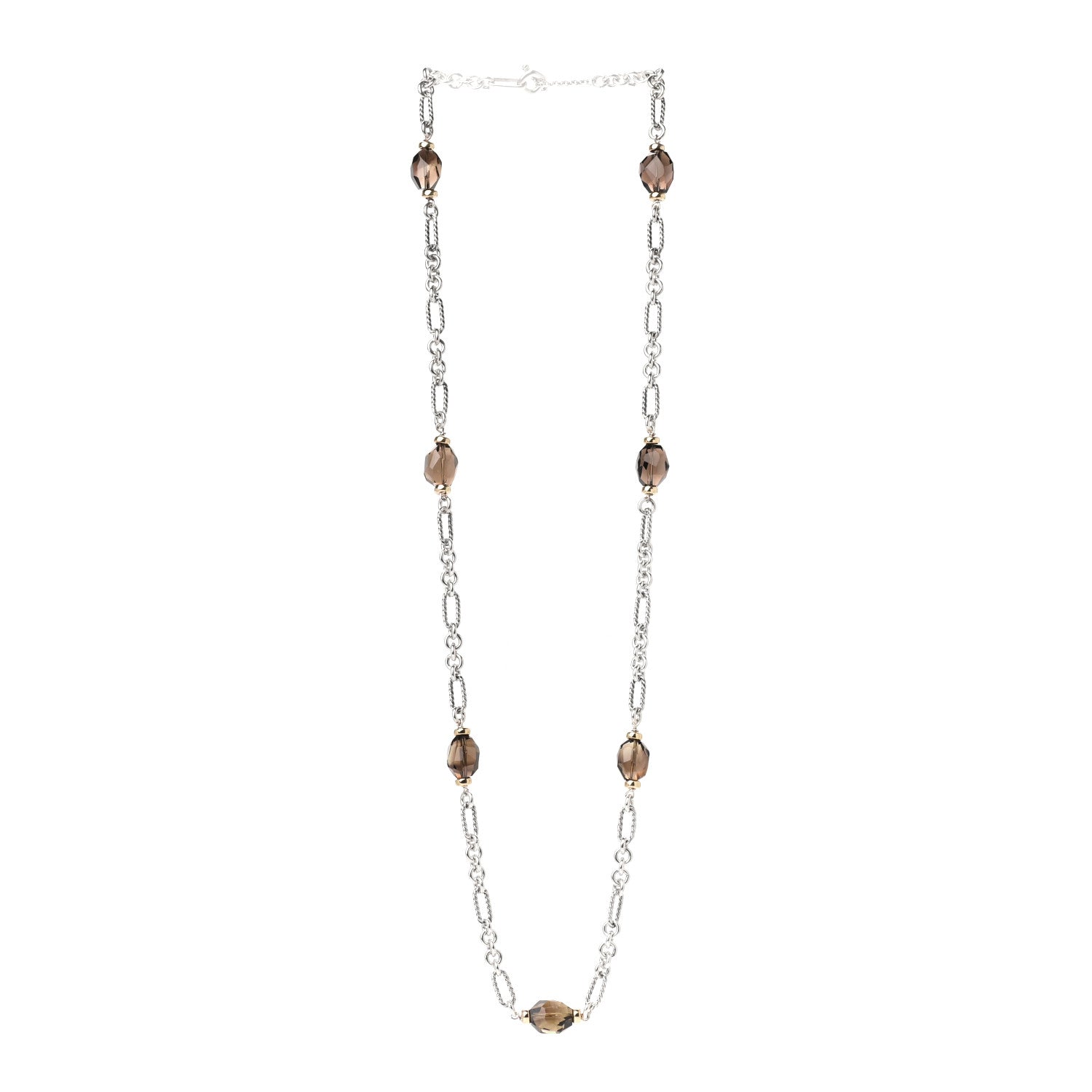 David Yurman Sterling Silver 18K Yellow Gold Smoky Quartz Figaro Station Link Necklace 3 of 4