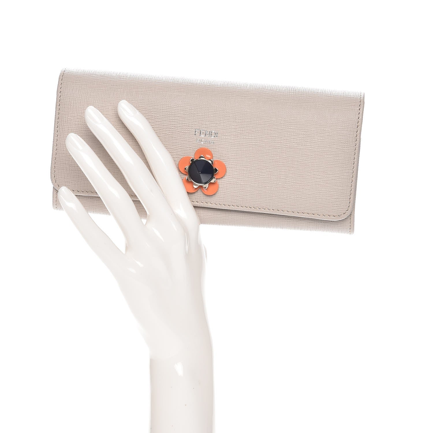 Fendi Vitello Elite Flowerland Continental Wallet Grigio Polvere 2 of 11