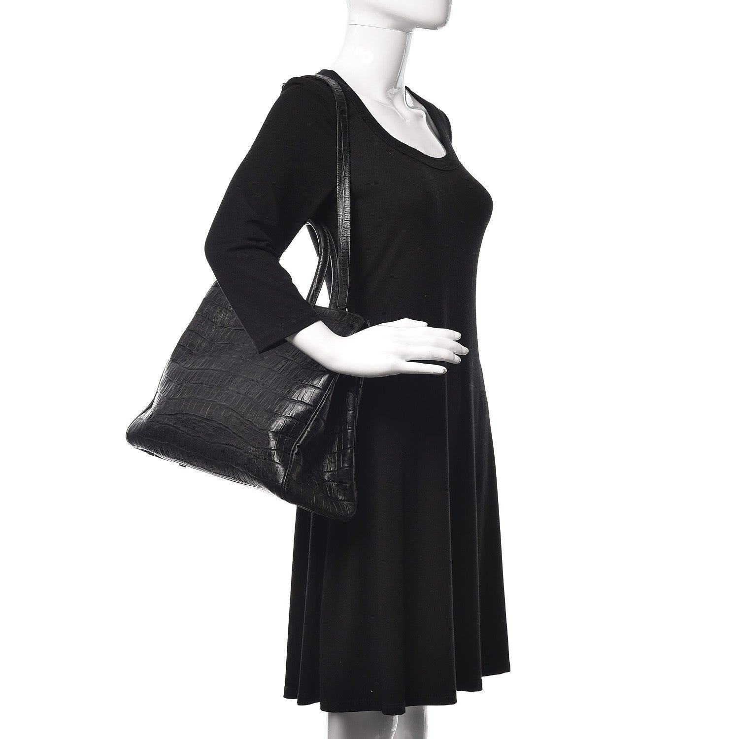 Saint Laurent Calfskin Crocodile Embossed Medium Trois Class Tote Black 2 of 17