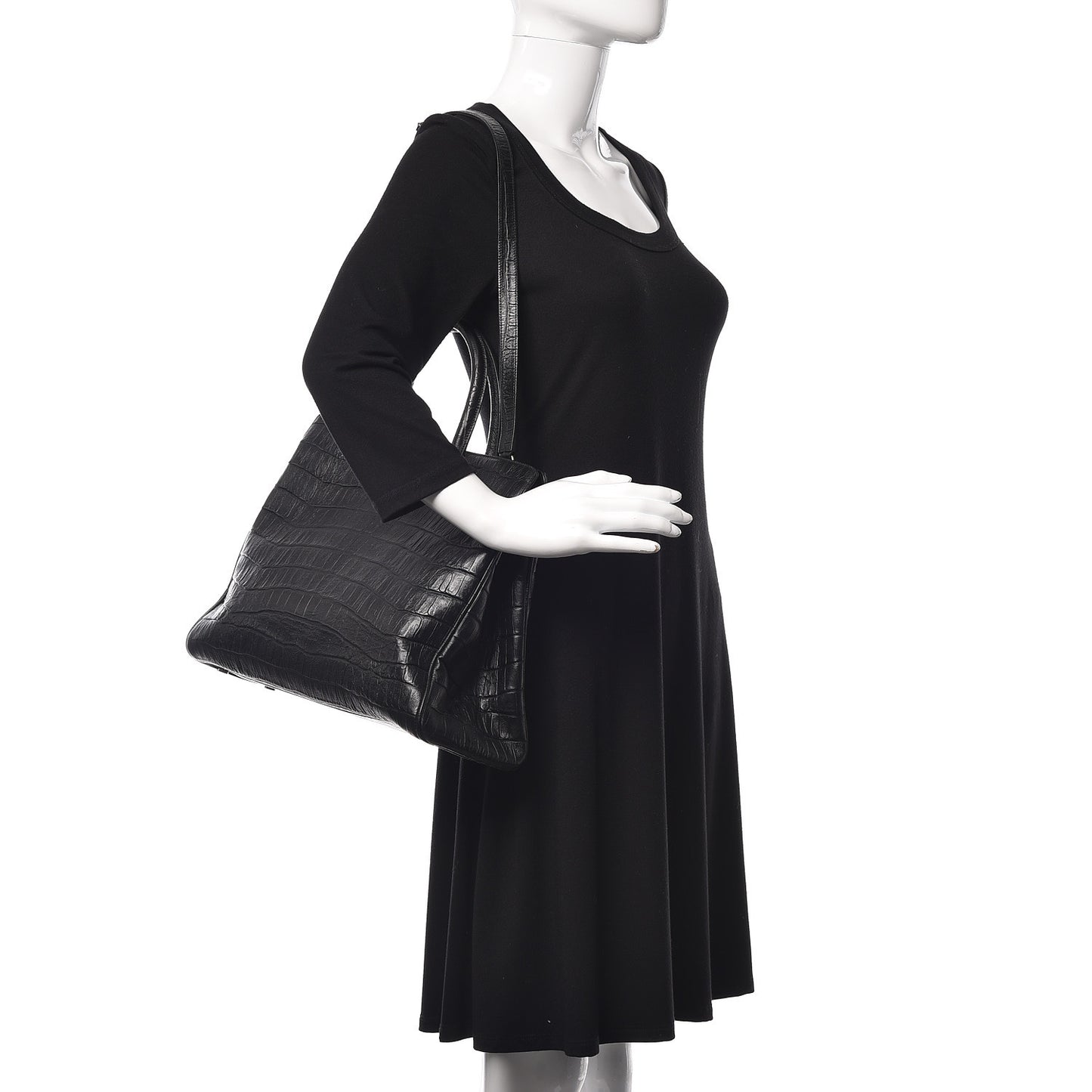 Calfskin Crocodile Embossed Medium Trois Class Tote Black