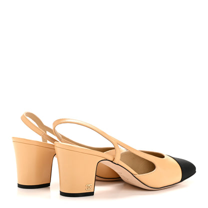 Chanel Goatskin Grosgrain Cap Toe CC Slingback Pumps 41 Beige Black 5 of 11