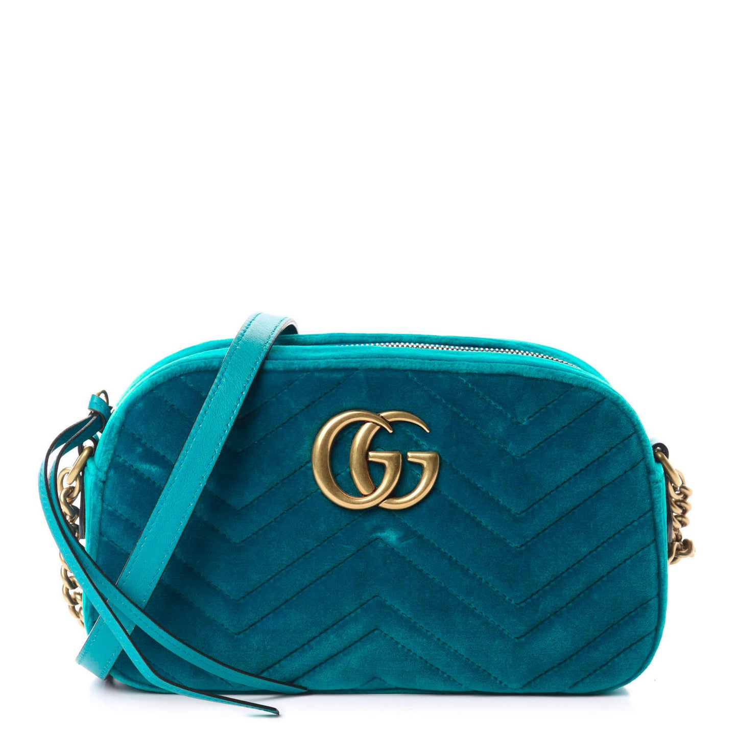 Velvet Matelasse Small GG Marmont Chain Shoulder Bag Pavone Cyan
