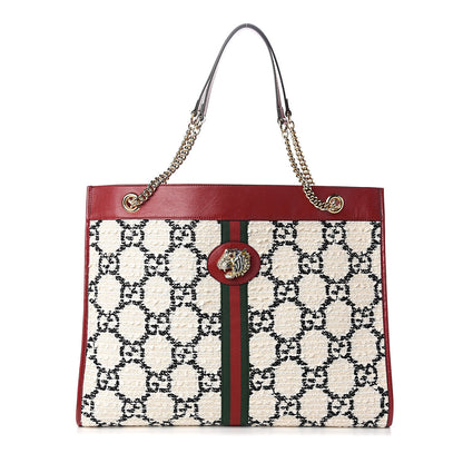 Gucci Tweed GG Monogram Large Rajah Chain Tote White Black Romantic Cherry 2 of 10
