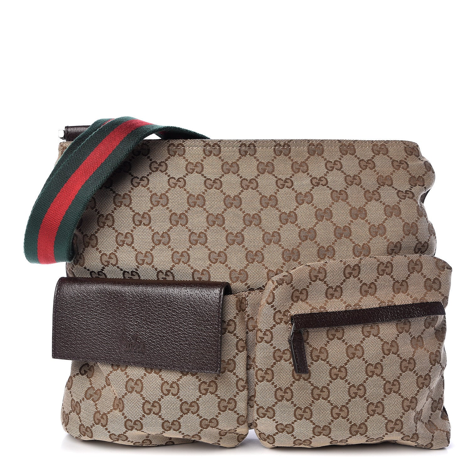 Gucci Monogram Web Medium Double Pocket Messenger Bag Dark Brown 1 of 10
