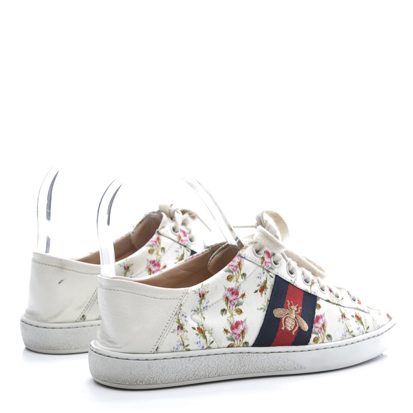 Calfskin Web Rose Print Bee Embroidered Womens Ace Sneakers 37 White