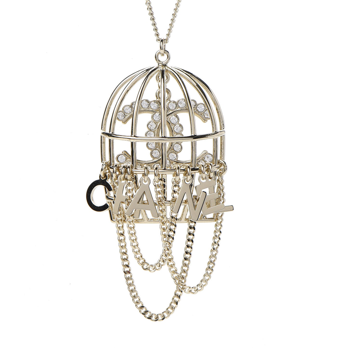 Metal Crystal Logo Bird Cage Necklace Gold