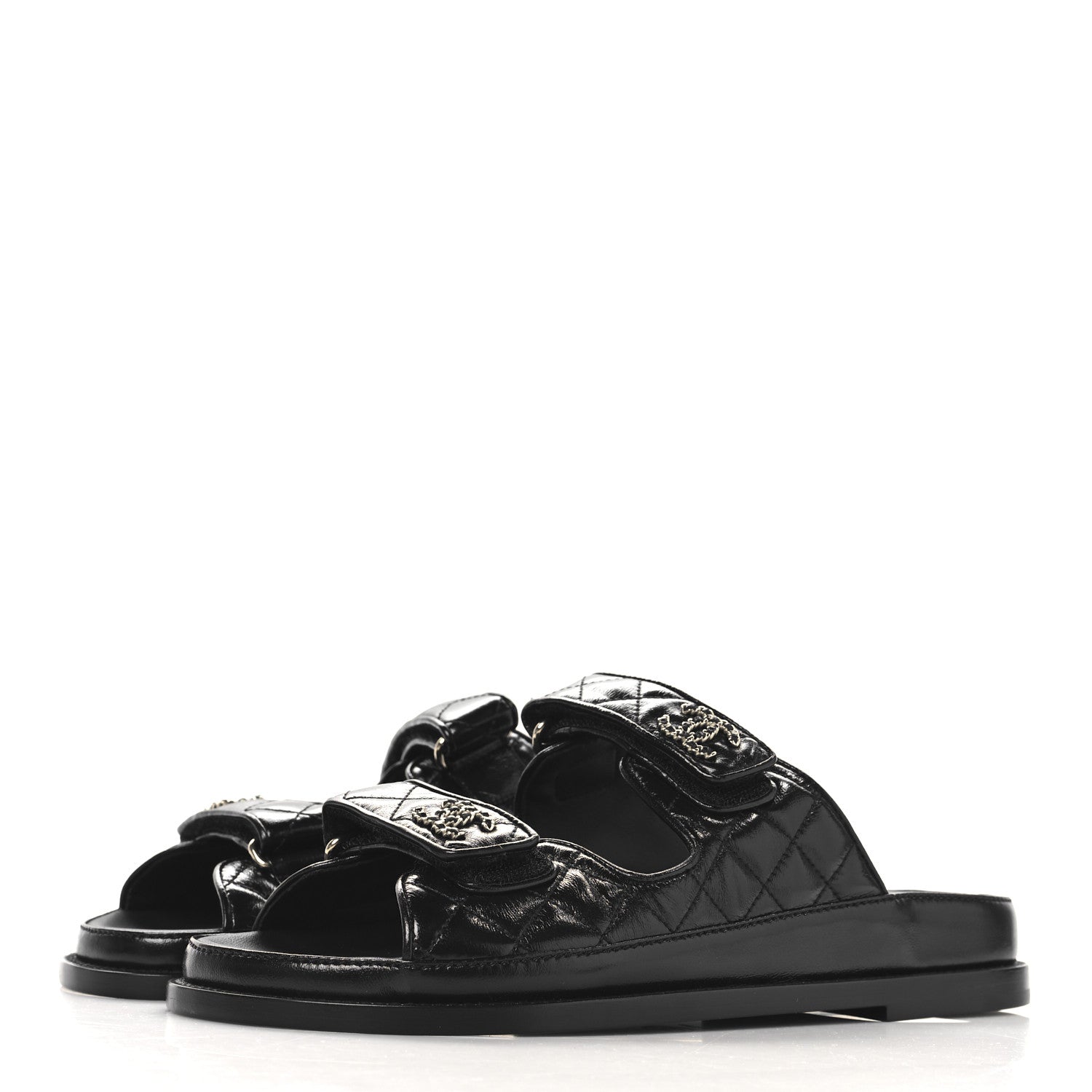 Chanel Lambskin Quilted Velcro Dad Chain CC Slide Sandals 39 Black 4 of 9