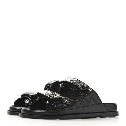 Chanel Lambskin Quilted Velcro Dad Chain CC Slide Sandals 39 Black 4 of 9