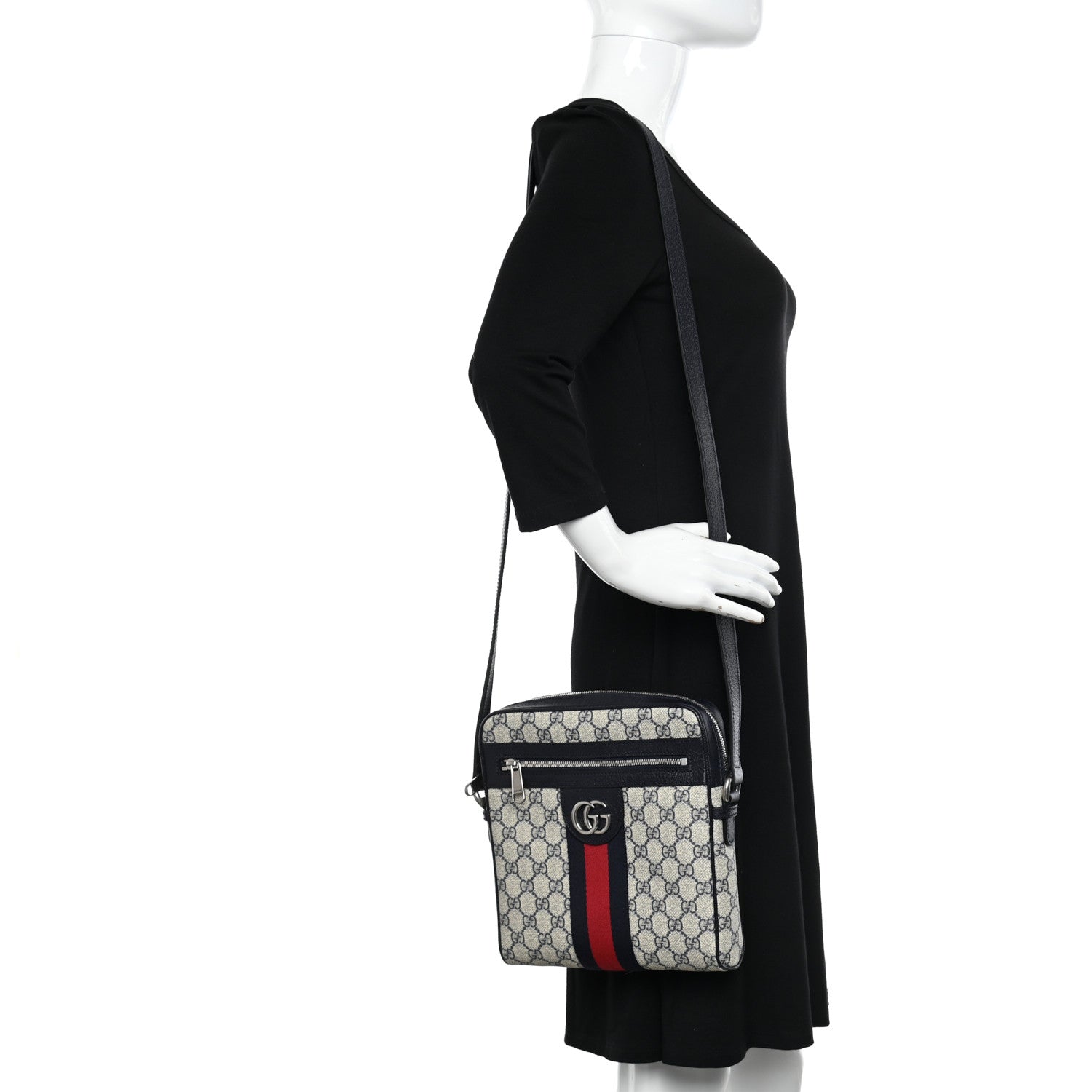 Gucci GG Supreme Monogram Textured Dollar Calfskin Web Small Ophidia Messenger Bag Beige Blue 3 of 12