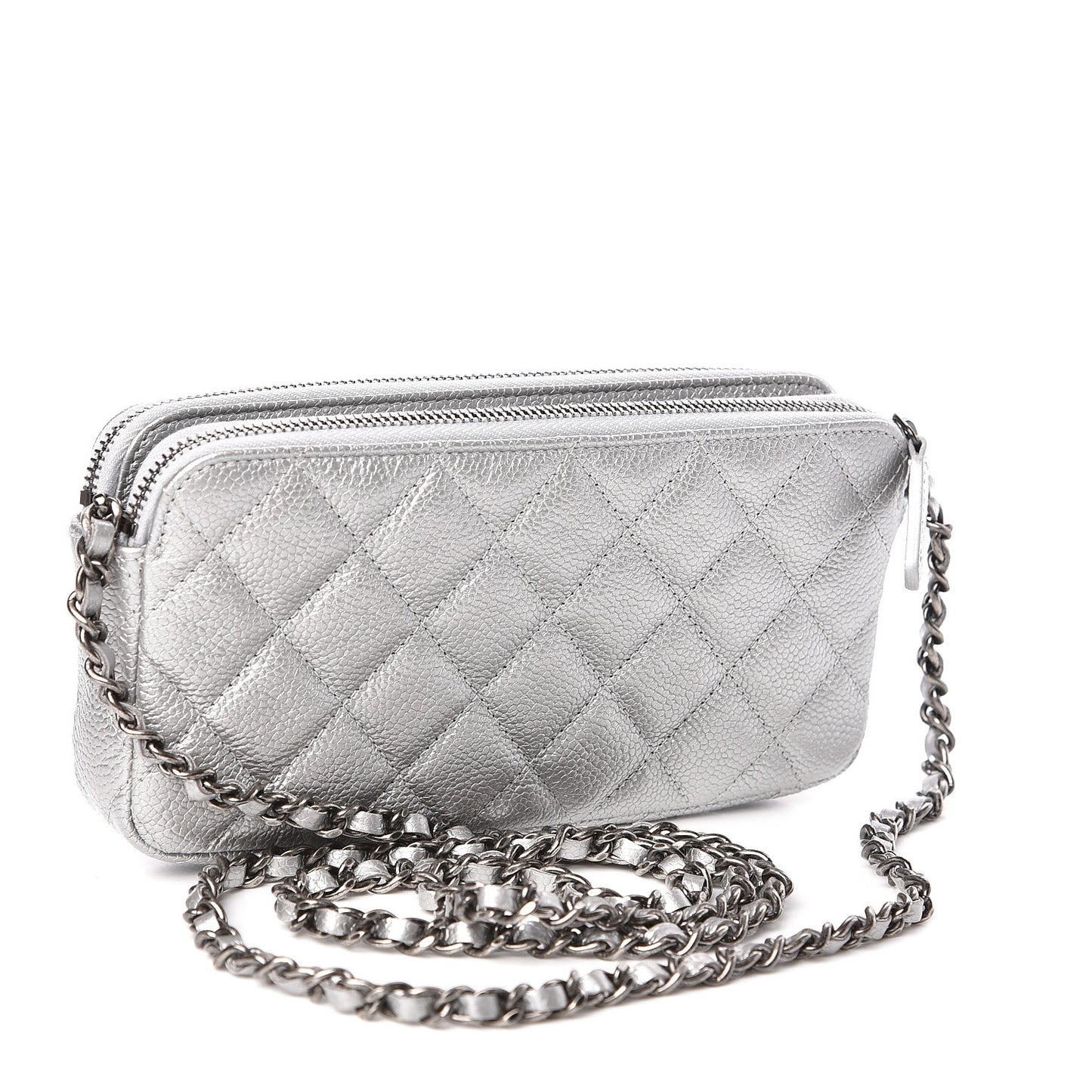 Metallic Caviar Quilted Small Clutch With Chain Silver