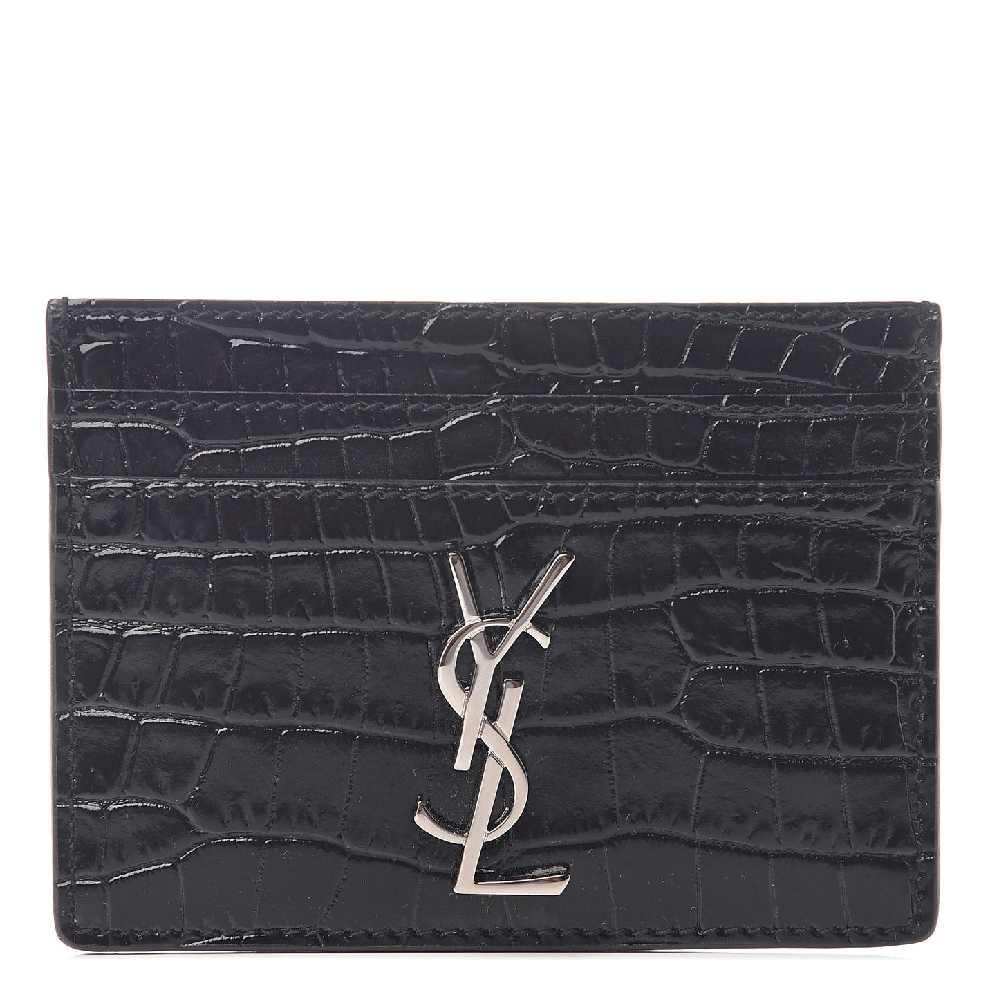 Calfskin Crocodile Embossed Monogram Credit Card Case Black