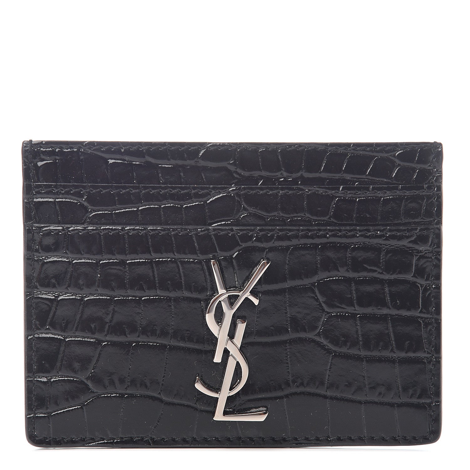 Saint Laurent Calfskin Crocodile Embossed Monogram Credit Card Case Black 1 of 6