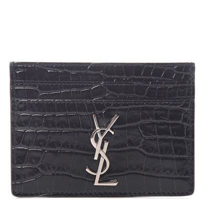 Saint Laurent Calfskin Crocodile Embossed Monogram Credit Card Case Black 1 of 6