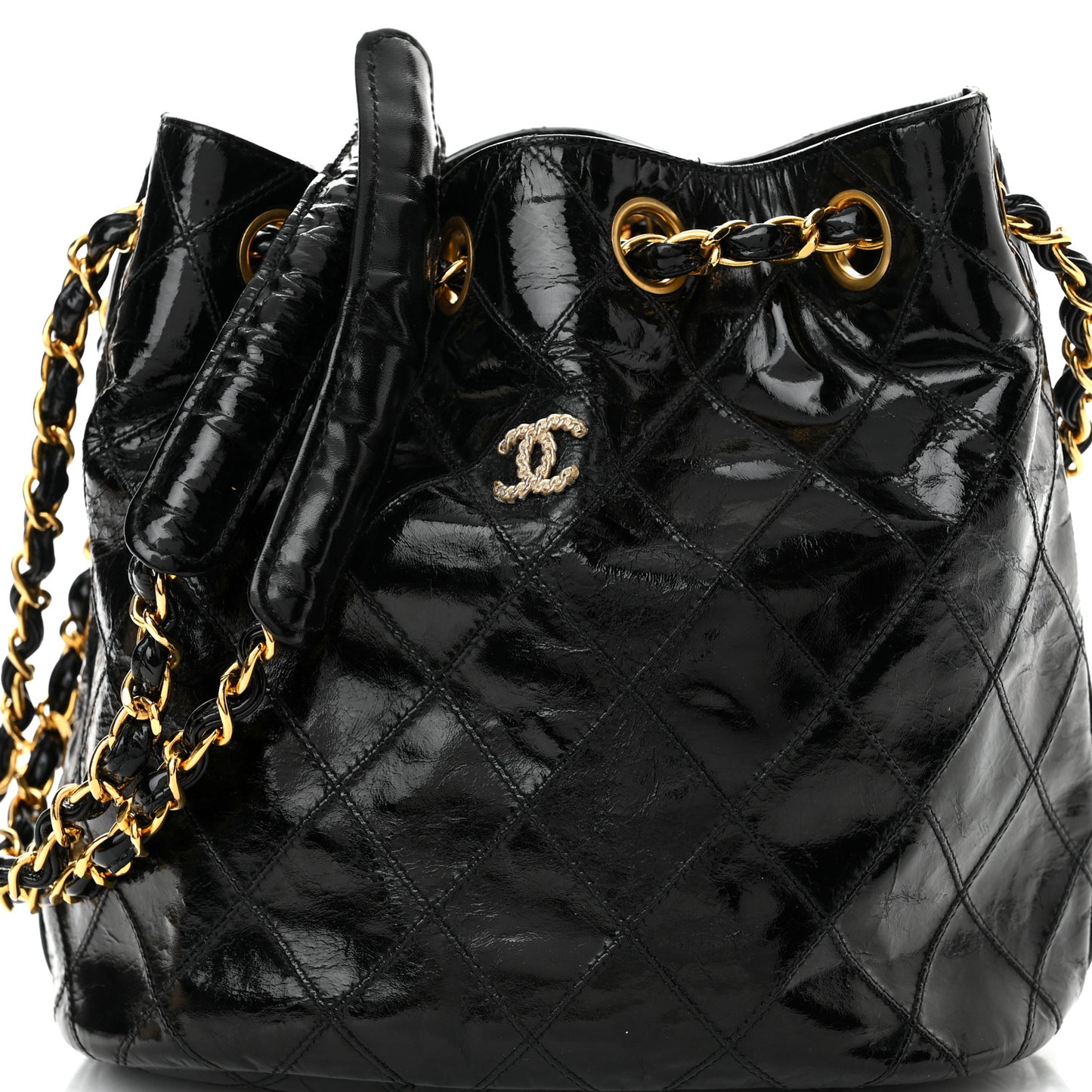 Patent Stitched Drawstring Shoulder Bag Black