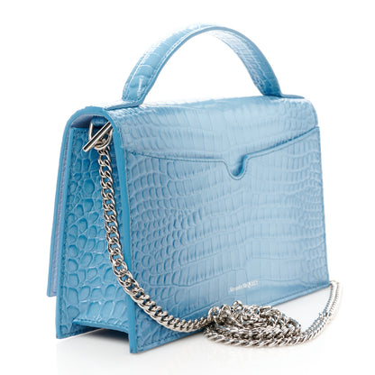 Alexander McQueen Calfskin Crocodile Embossed Medium Skull Top Handle Bag Blue 3 of 11