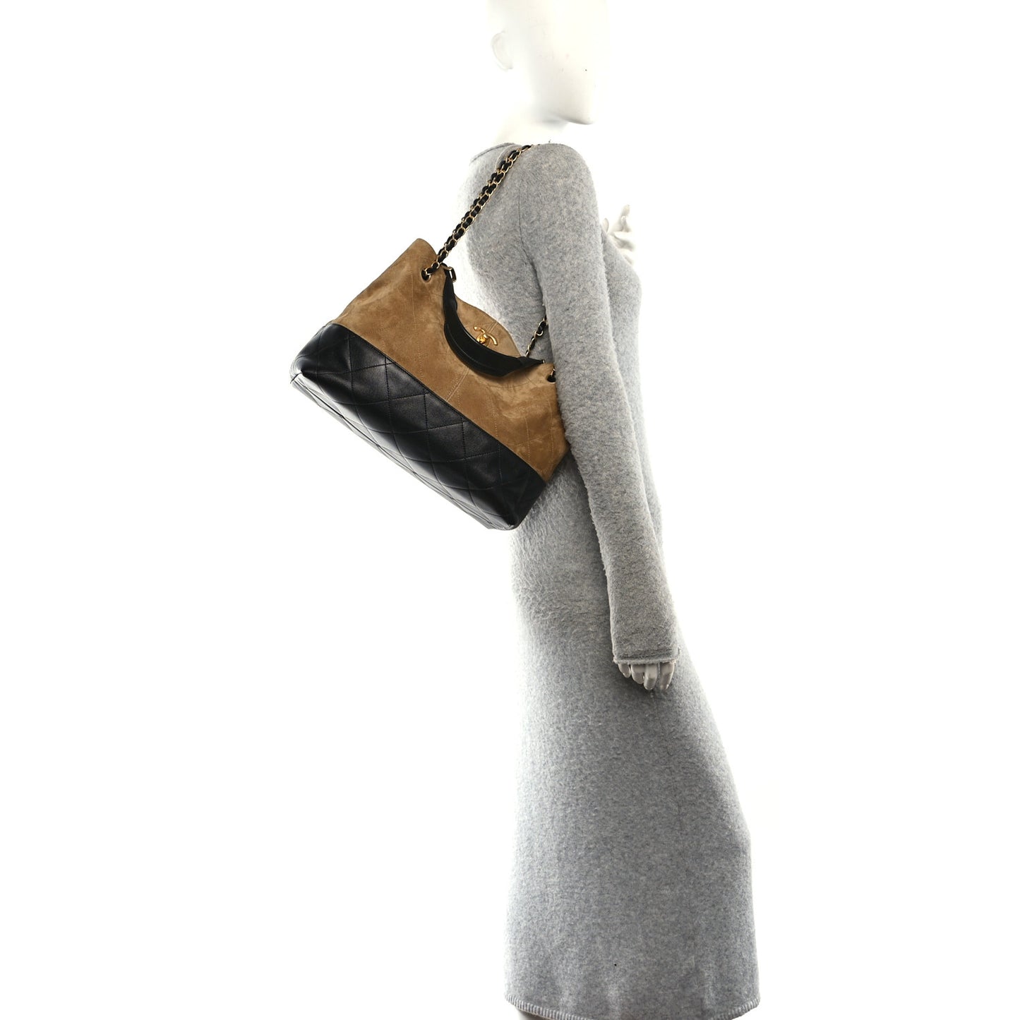 Suede Calfskin Shiny Lambskin Quilted Small Coco Base Shopping Bag Beige Black