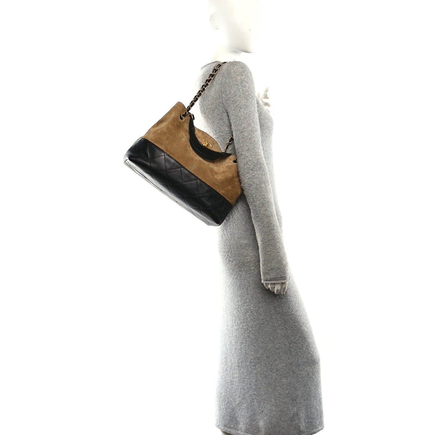 Chanel Suede Calfskin Shiny Lambskin Quilted Small Coco Base Shopping Bag Beige Black 2 of 10