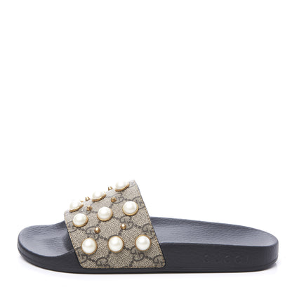 Gucci GG Supreme Monogram Pearls Slide Sandals 37 Beige 1 of 11