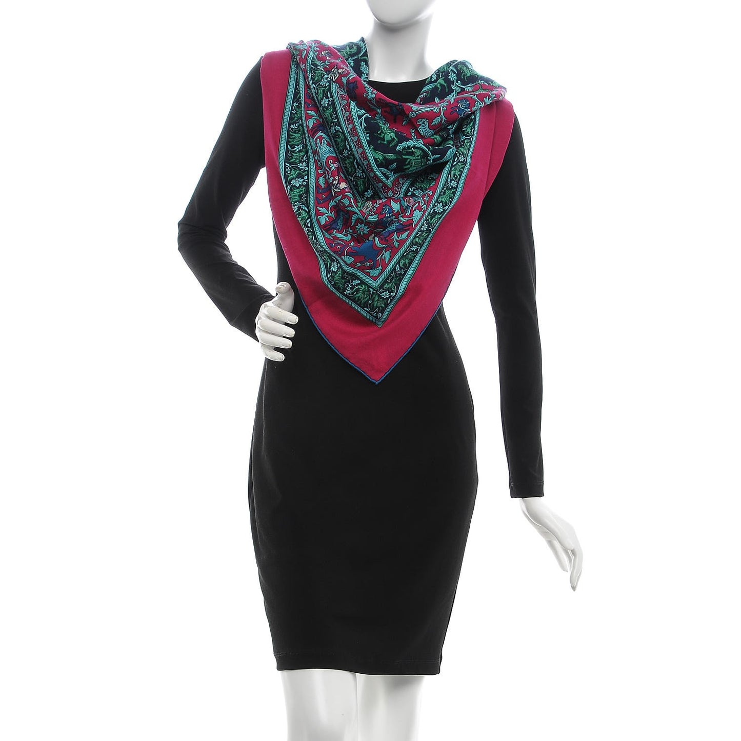 Cashmere Silk Chasse En Inde Shawl 140 Fuchsia Vert Marine