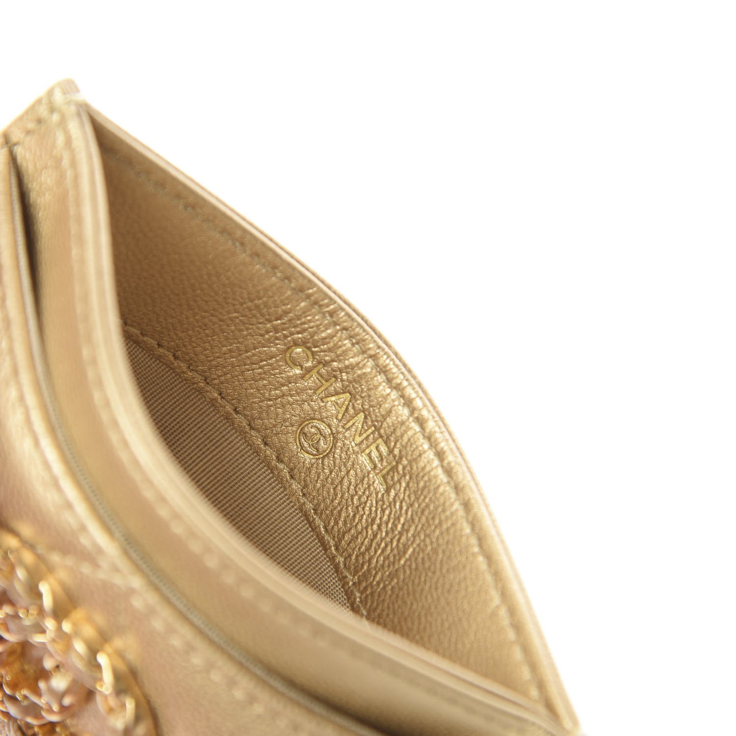 Metallic Goatskin Quilted Chanel 19 Card Holder Gold