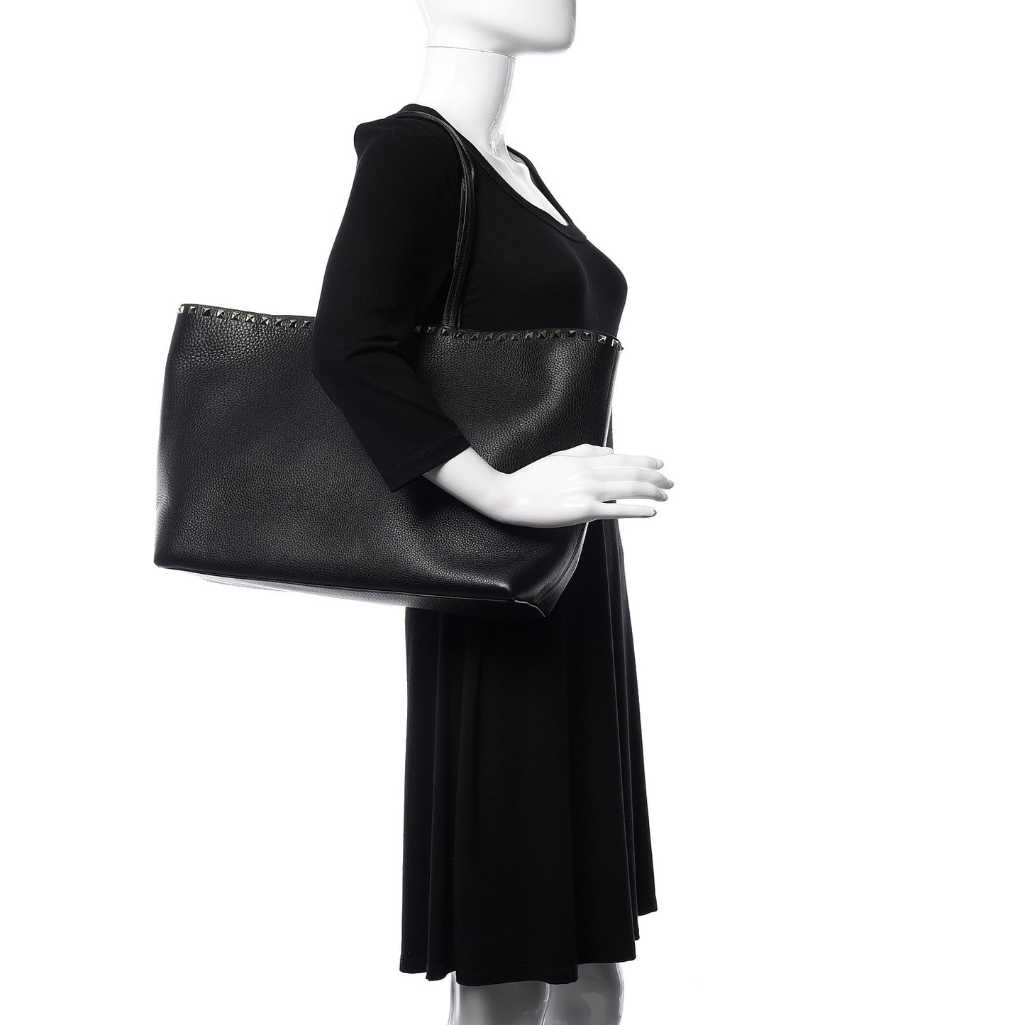 Grained Calfskin Rockstud Shoulder Tote Black