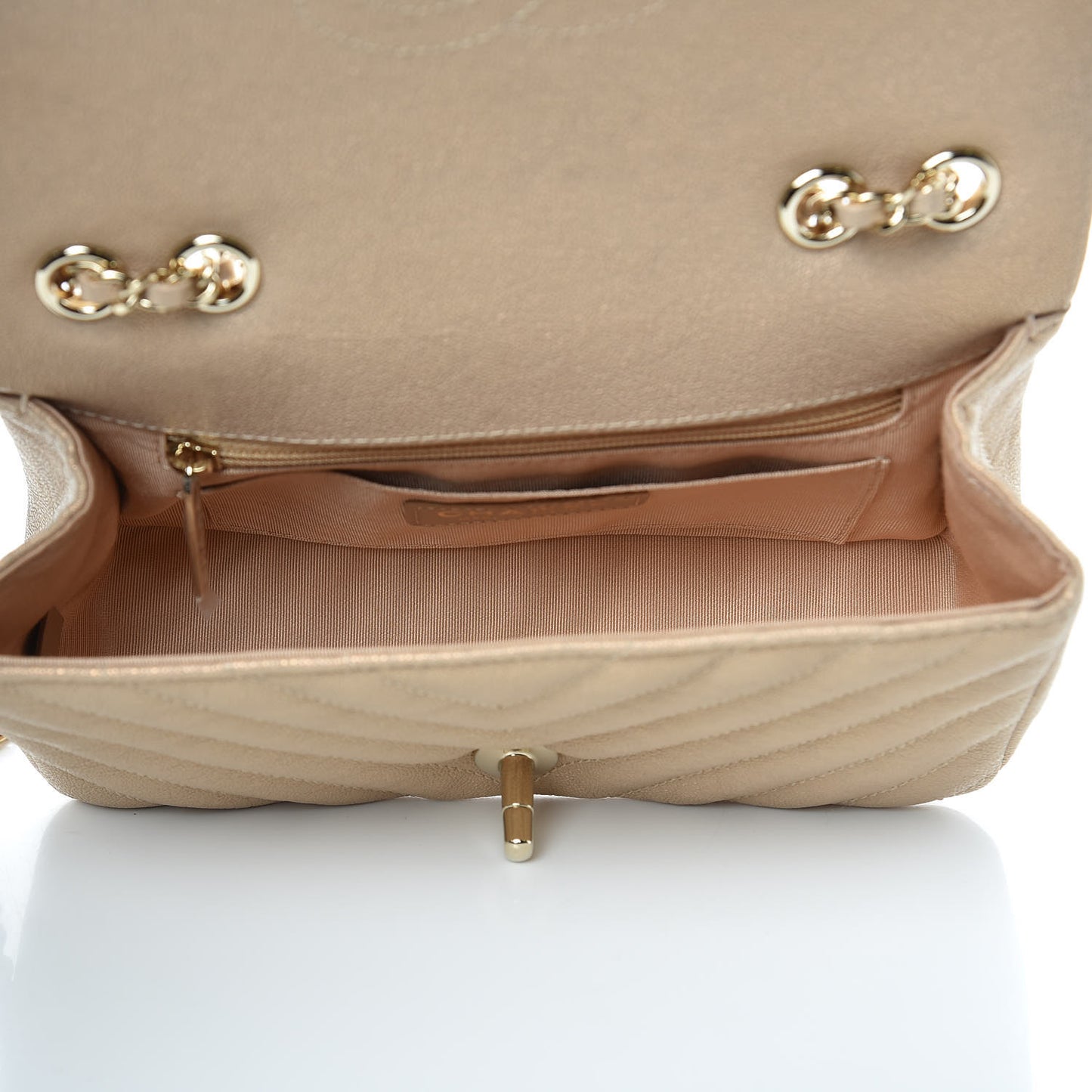 Metallic Caviar Chevron Quilted Mini Statement Flap Beige