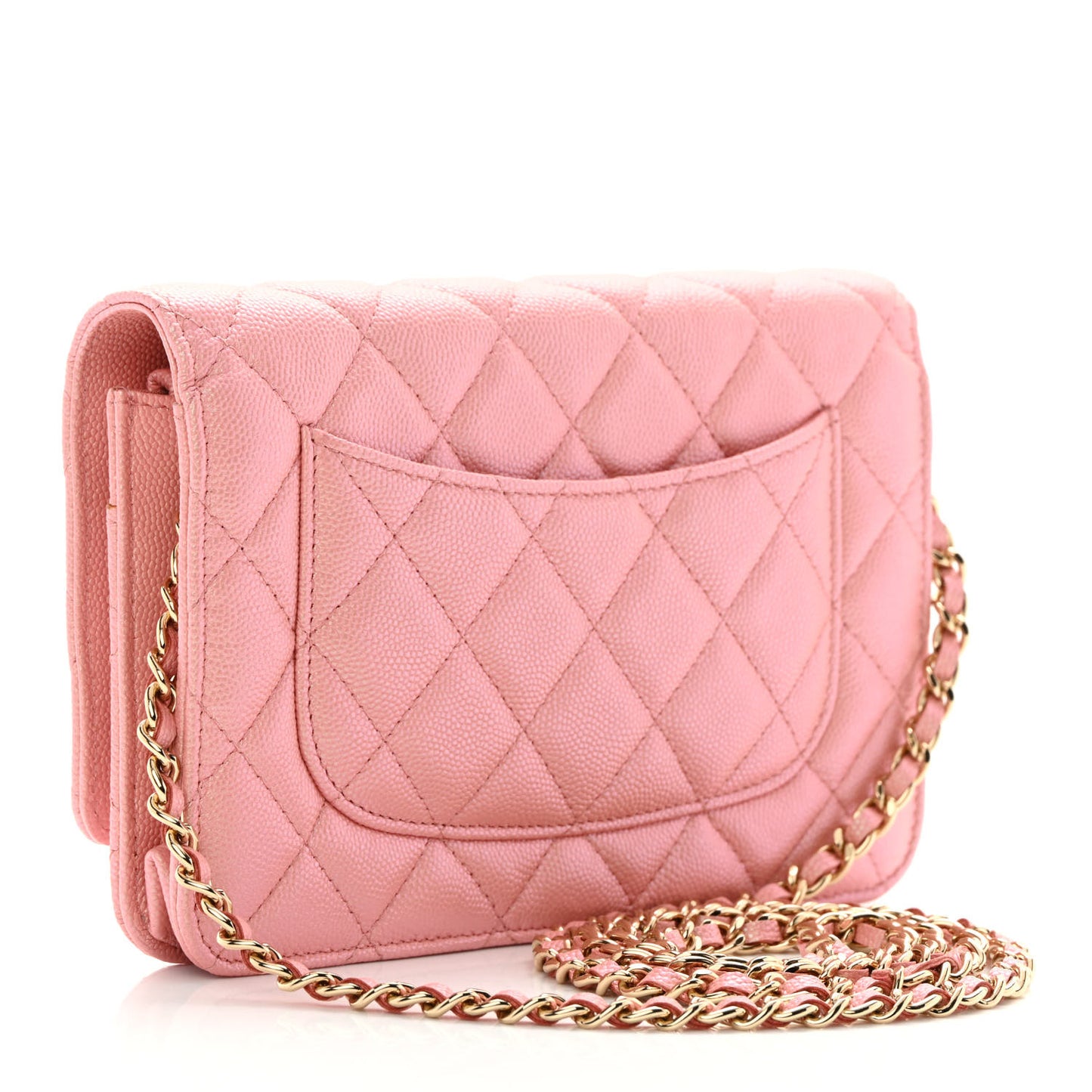 Iridescent Caviar Quilted Wallet on Chain WOC Rose Pink