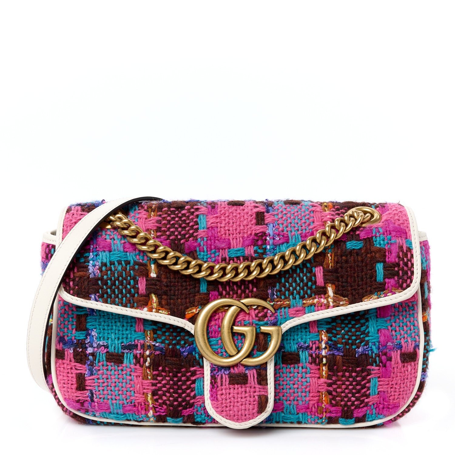 Gucci Tweed Calfskin Spicy Check Small GG Marmont Shoulder Bag Pink Multicolor Mystic White 1 of 10
