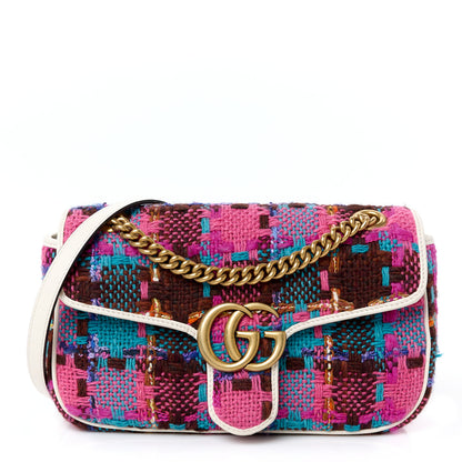 Gucci Tweed Calfskin Spicy Check Small GG Marmont Shoulder Bag Pink Multicolor Mystic White 1 of 10