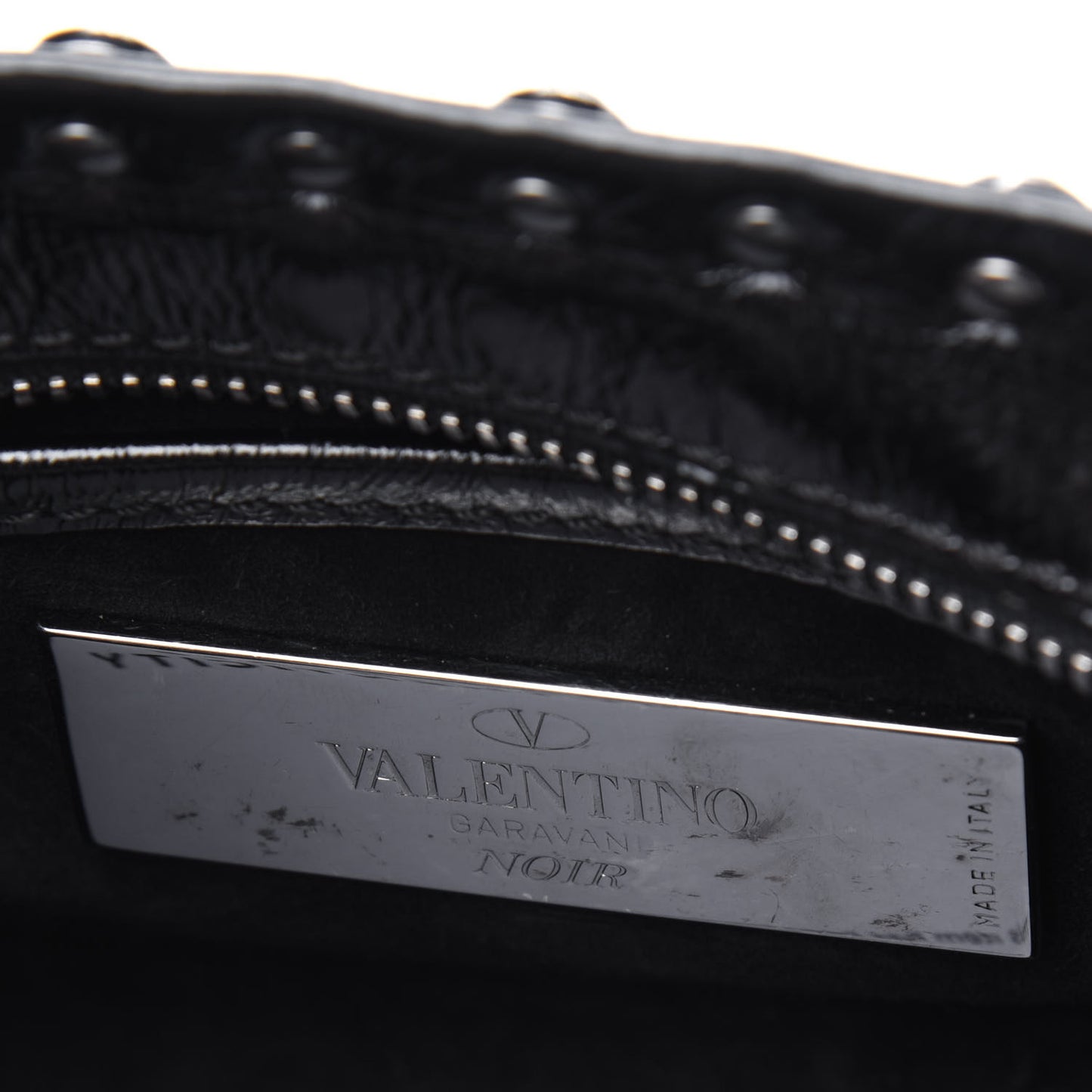 Craquele Calfskin Small Guitar Strap Rockstud Rolling Flap Pocket Shoulder Bag Black