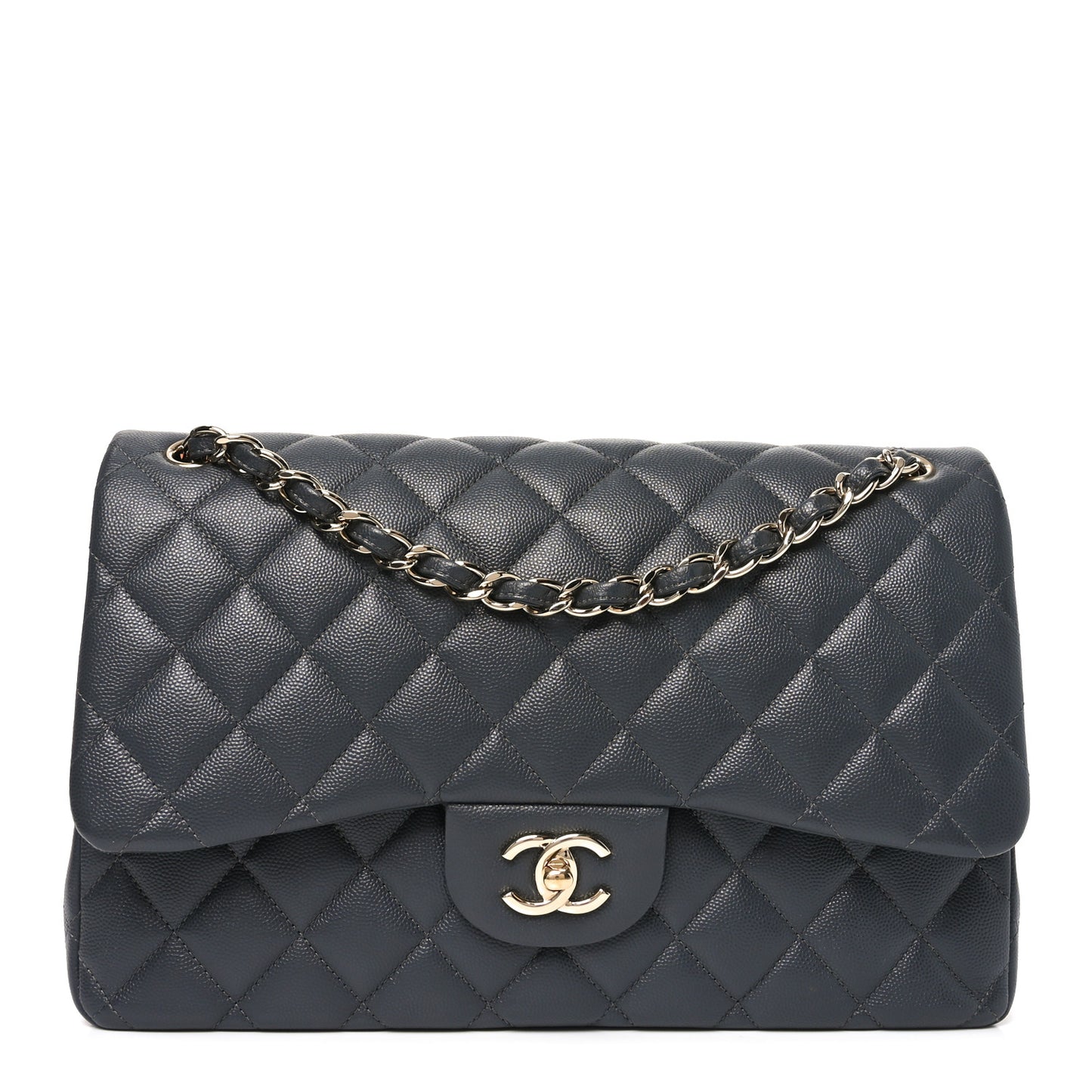 Caviar Quilted Jumbo Double Flap Dark Grey