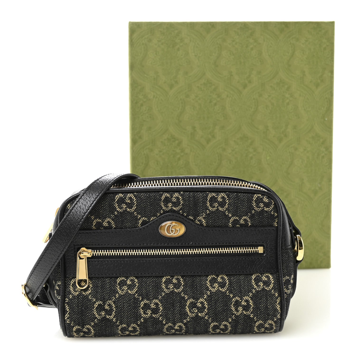 Gucci Jacquard Black Denim GG Monogram Textured Dollar Calfskin Mini Ophidia Shoulder Bag Black Ivory 13 of 13