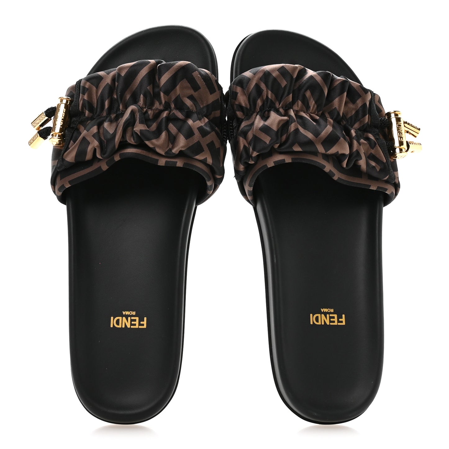 Satin FF Fendi Feel Slide Sandals 37 Tobacco Black