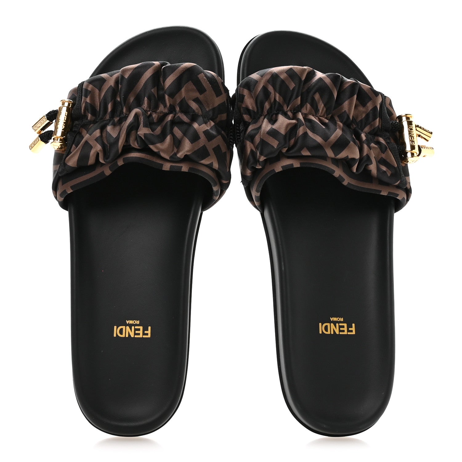 Fendi Satin FF Fendi Feel Slide Sandals 37 Tobacco Black 2 of 7