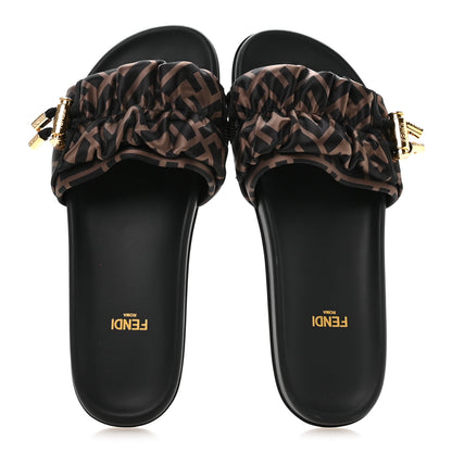 Fendi Satin FF Fendi Feel Slide Sandals 37 Tobacco Black 2 of 7