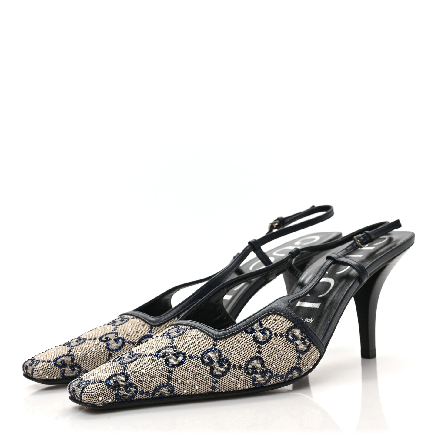 GG Monogram Malaga Kid Crystal Square G 75mm Slingback Pumps 39 Beige Blue