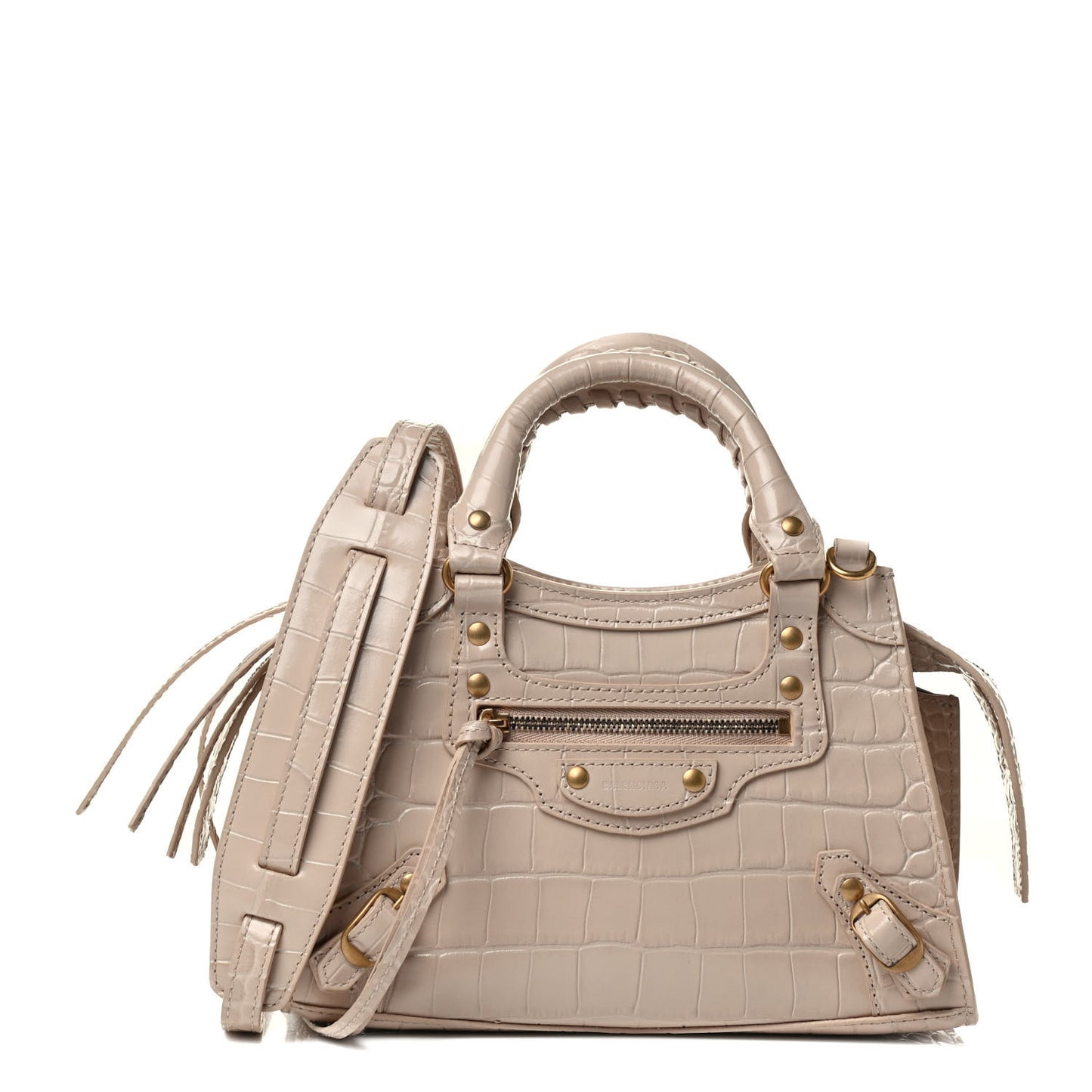 Shiny Supple Calfskin Crocodile Embossed Neo Classic Gold Hardware Mini City Light Beige